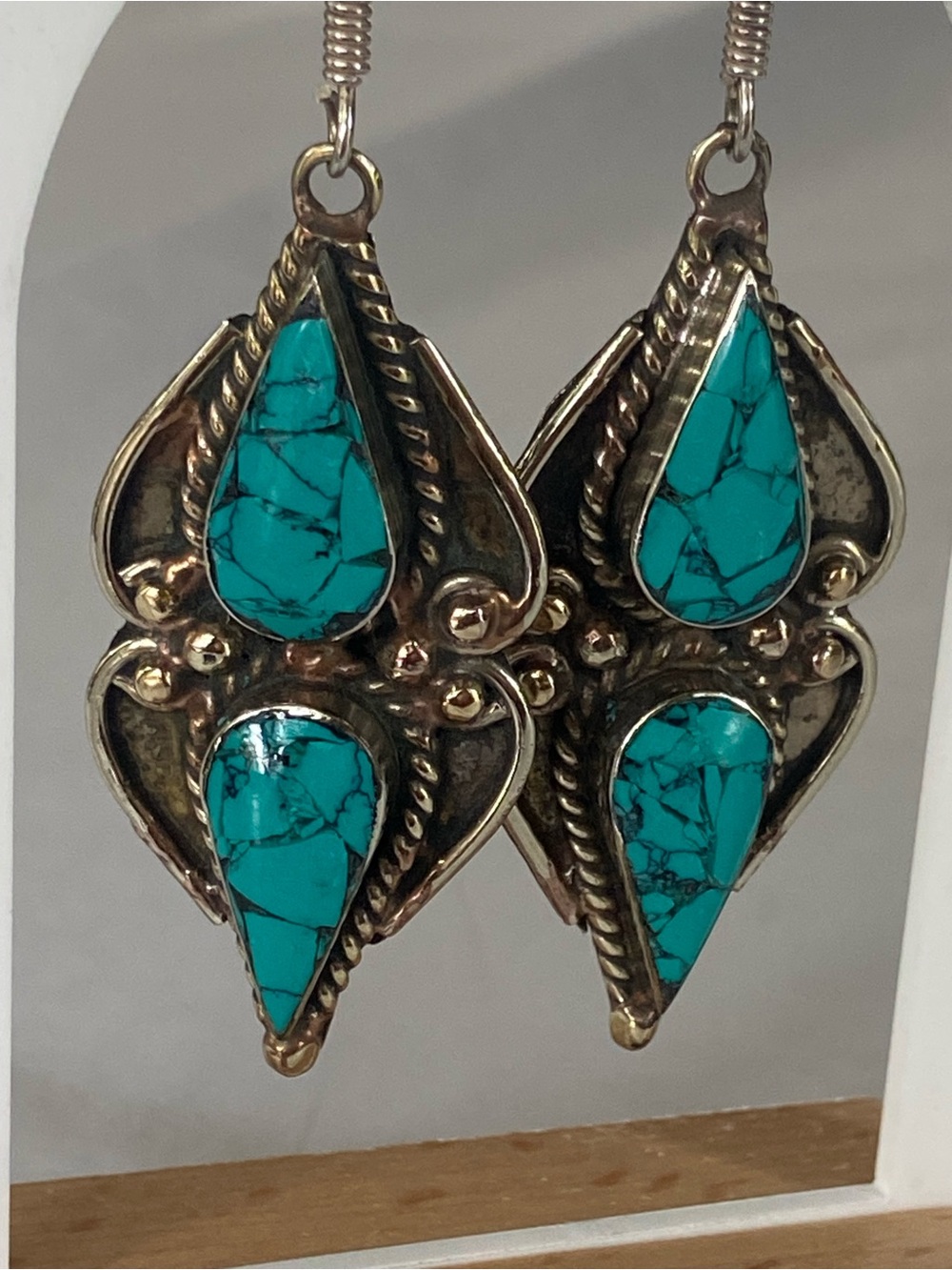 Tibetan Turquoise Teardrop Earrings in 925 Sterling Silver. - Picture 5 of 15